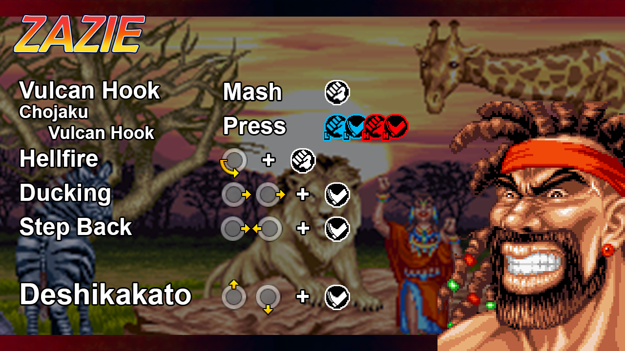 Zazie Muhaba card showing his special move inputs.